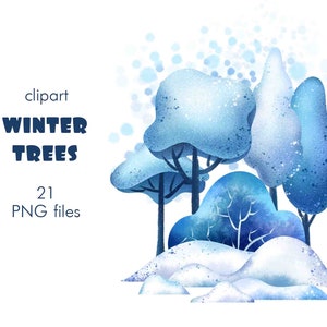 Png clipart alberi invernali, download digitale del paesaggio natalizio, file png di alberi e cespugli di neve, illustrazioni del paese delle meraviglie invernali per uso commerciale