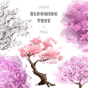Kirschblüten Baum png clipart digital download,Frühling blühender Baum Clipart kommerzielle Nutzung,Pink sakura png Dateien Aquarell Illustrationen