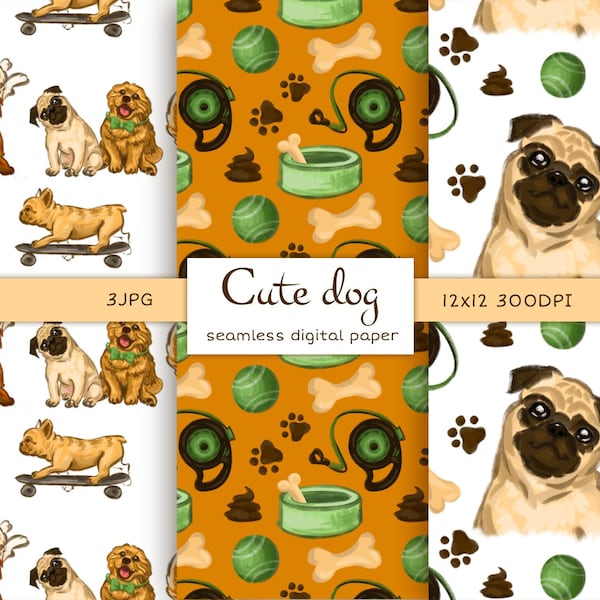 Dog digital paper puppy seamless pattern,Pug printable seamless files pet scrapbook paper,dog background digital download commercial use