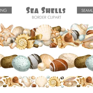 May include: Sea shell border clipart with three rows of images. The top row has a variety of seashells, starfish, and stones. The middle row has a variety of stones. The bottom row has a variety of seashells and pearls. The text 'SEA SHELLS' and 'BORDER CLIPART' is at the top of the image. The text 'SEAMLESS' is at the top right of the image. The text '3 PNG' is at the top left of the image.