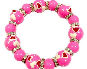 Pulsera del día de San Valentín, regalo del día de la madre para ella, cristal de corazones rosados y pulsera elástica con cuentas de pedrería, aniversario de cumpleaños