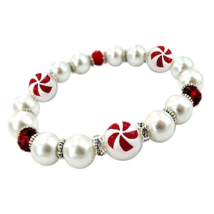 Christmas Bracelets For Women, Christmas Gift For Her, Christmas Peppermint Dainty Beaded Stretch Bracelet, Holiday Gift For Girls and Women