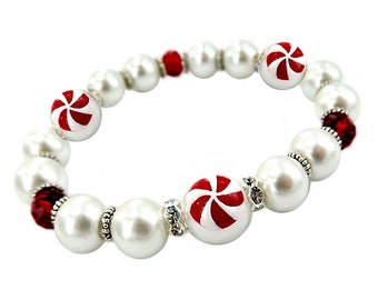 Pulseras navideñas para mujer, regalo navideño para ella, pulsera elástica con cuentas delicadas de menta navideña, regalo navideño para niñas y mujeres