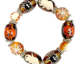 Halloween Bracelet For Women, Painted Pearl Gold Ghost, Pumpkin, Spider, Web Glass Beaded Stretch Bracelet, Holiday Gift For Girls and Women