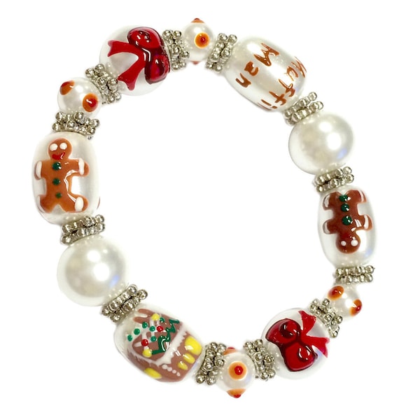 Bracelets de Noël pour femme, cadeau de Noël pour elle, bonbonnière de Noël peinte, bracelet extensible en perles de verre de bonhomme en pain d'épice