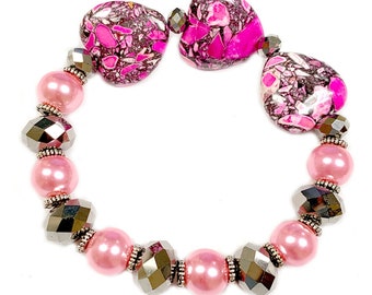 Regalos de pulsera del día de San Valentín para ella, regalos de cumpleaños para ella, piedra de corazón rosa con pulsera elástica con cuentas de vidrio, regalos del día de la madre