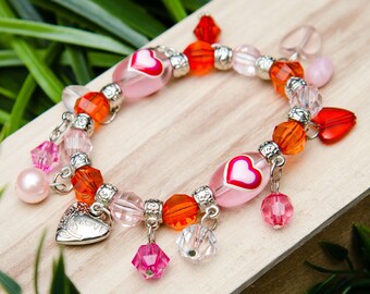 Pulsera del día de San Valentín, regalo del día de la madre para ella, cuentas de cristal de corazones rosas con pulsera elástica de encantos, regalos de cumpleaños, regalos de aniversario