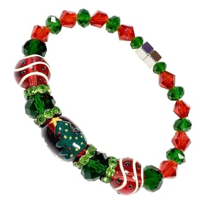 Christmas Bracelets For Women, Christmas Gift For Her, Painted Christmas Tree and Crystal Beaded Bracelet, Holiday Gift For Girls and Women
