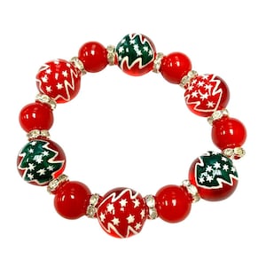 Christmas Bracelets For Women, Christmas Gift For Her, Red Green Christmas Tree Beaded Stretch Bracelet, Holiday Gift For Girls and Women