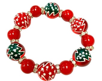 Pulseras de Navidad para mujeres, regalo de Navidad para ella, pulsera elástica con cuentas de árbol de Navidad verde rojo, regalo navideño para niñas y mujeres