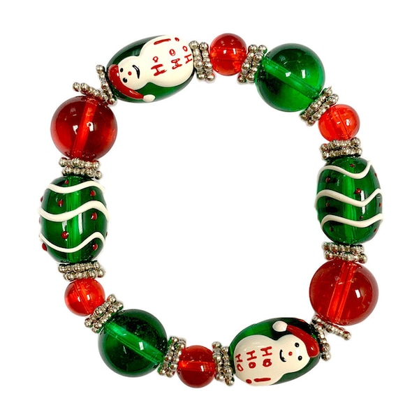 Christmas Bracelets For Women, Christmas Gift For Her, Holiday Red Green Ho Ho Ho Beaded Stretch Bracelet, Holiday Gift For Girls and Women