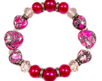 Regalos de pulsera del día de San Valentín para ella, regalos de cumpleaños para ella, piedra de corazón rosa caliente con pulsera elástica con cuentas de vidrio, regalos del día de la madre