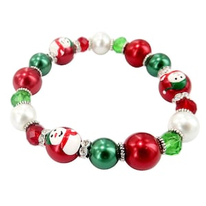 Christmas Bracelets For Women, Christmas Gift For Her, Red Snowman Dainty Glass Beaded Stretch Bracelet, Holiday Gift For Girls and Women