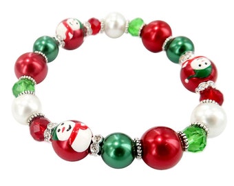 Christmas Bracelets For Women, Christmas Gift For Her, Red Snowman Dainty Glass Beaded Stretch Bracelet, Holiday Gift For Girls and Women