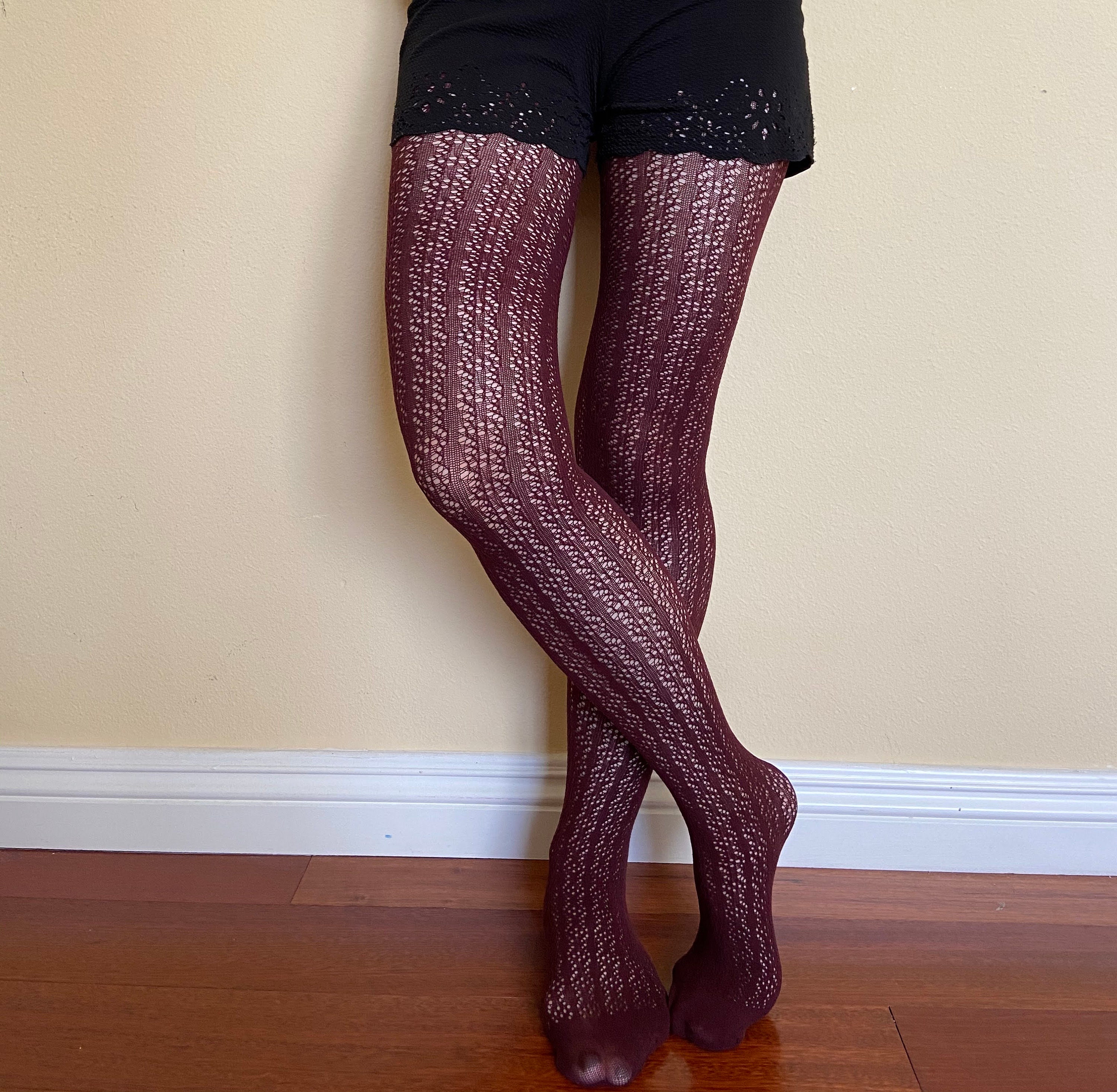 Pointelle Tights Knitted, Burgundy Color Boot Tights, Gift for Her