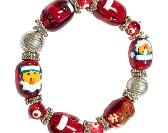 Christmas Bracelets For Women, Christmas Gift For Her, Painted Santa, Red Hat, Ice Skating, Reindeer, Stocking Beaded Stretch Bracelet