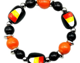 Halloween Bracelet For Women, Painted Candy Corn Glass Beaded Stretch Bracelet , Holiday Gift For Girls and Women