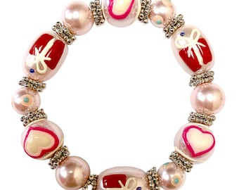 Pulsera del día de San Valentín regalos para ella, regalos de cumpleaños para ella, corazones rojos con regalos perla rosa vidrio y cristales pulsera elástica con cuentas