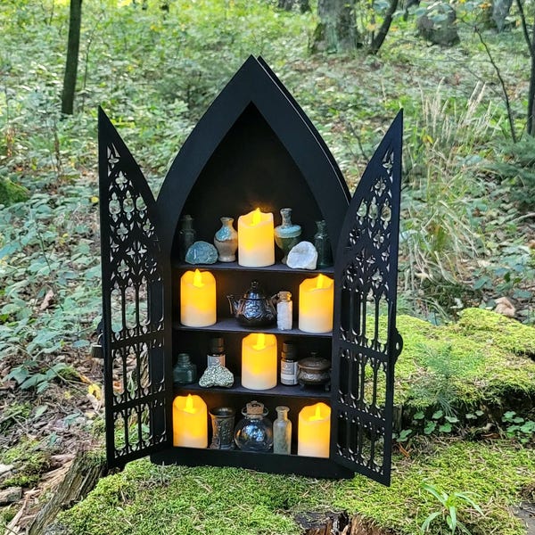 22" Gothic Curio Cabinet: Handmade Wooden Crystal Display Shelf