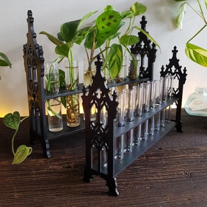 Può includere: Supporto per piante nero in stile gotico con più provette di vetro trasparente e piccole piante. Il supporto ha un design ornato. L'immagine mostra due supporti, uno con piante e uno con provette vuote.