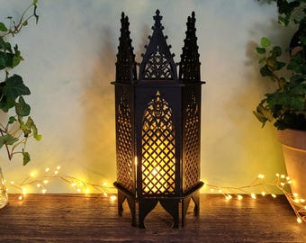 Medieval Wooden Candle Holder • Black Moroccan Lantern • Goth Table Lamp For Witchy Home Decor