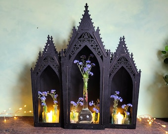Wooden Triptych Shadow Box • Gothic Candle Holder • Wall Altar Shelf For Home • Dark Corrage Core Decor