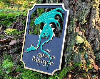 The Green Dragon Signboard - Hobbit Pub Inspired Wall Decor - Hand Painted Wooden Fantasy Sign