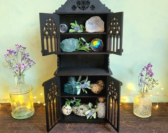 Gothic Wooden Witchy Cabinet – Hand Painted Black Curio Box for Crystals & Keepsakes