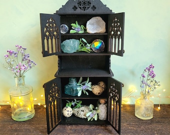 Gothic Wooden Storage Cabinet – Hand Painted Black Curio Box with Doors – Witchy Decor for Crystals & Keepsakes