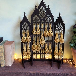 Gothic Jewelry Stand • Cathedral Window Black Stained Wood • Earring Organizer & Collector Display image 18