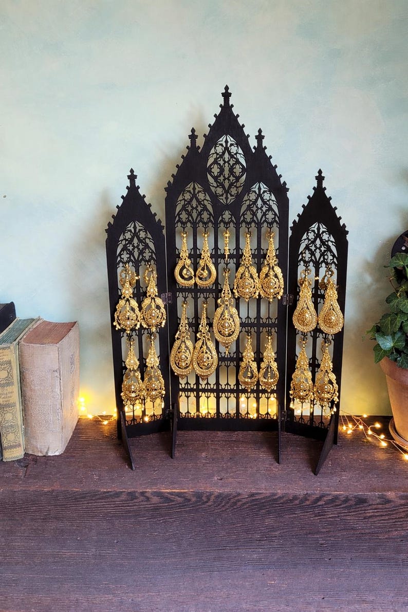Gothic Jewelry Stand • Cathedral Window Black Stained Wood • Earring Organizer & Collector Display image 18