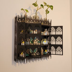Puede incluir: Un armario de madera negro con un dise&ntilde;o g&oacute;tico, con puertas abiertas y estantes llenos de peque&ntilde;as botellas de vidrio y velas. El armario est&aacute; montado en una pared blanca con dos plantas en macetas en la parte superior.