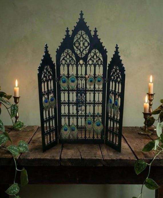 Gothic Wooden Jewelry Stand 21" – Cathedral Window Earring Holder Display