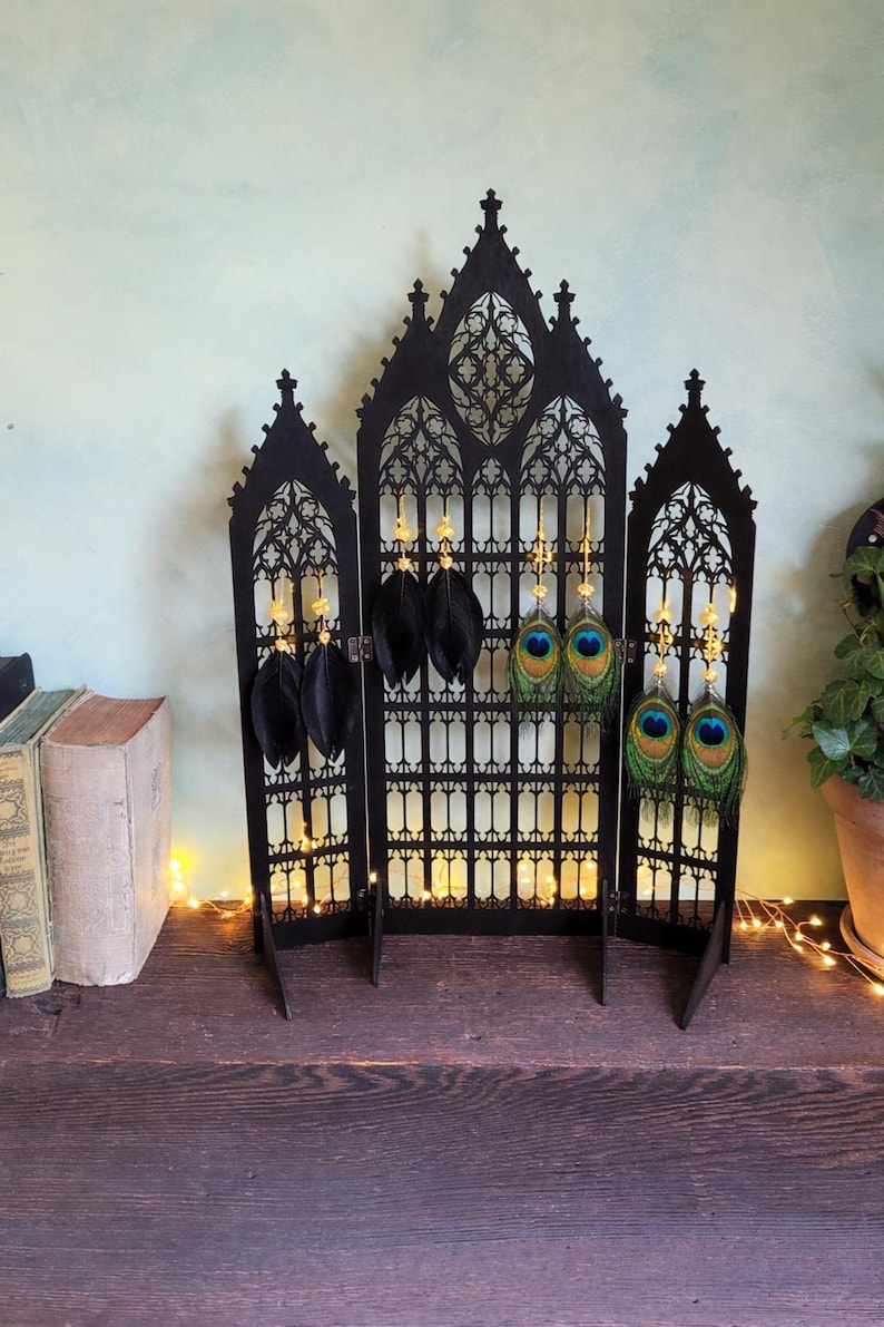 Gothic Jewelry Stand • Cathedral Window Black Stained Wood • Earring Organizer & Collector Display image 16