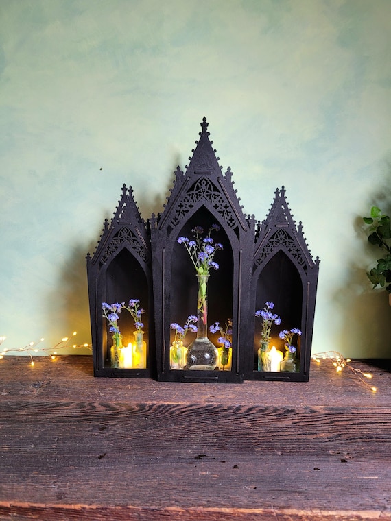 Gothic Triptych Shadow Box • Wooden Wall Altar Shelf, Candle Holder, Cottagecore Decor