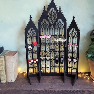 Gothic Jewelry Stand • Cathedral Window Black Stained Wood • Earring Organizer & Collector Display image 17