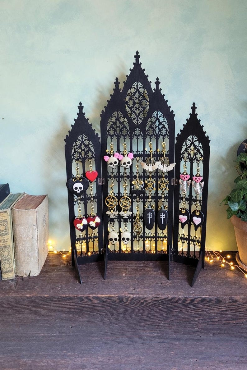 Gothic Jewelry Stand • Cathedral Window Black Stained Wood • Earring Organizer & Collector Display image 17