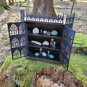 Puede incluir: Un gabinete de madera negro de estilo g&oacute;tico con puertas abiertas, que revela estantes llenos de cristales, hierbas y peque&ntilde;as botellas. El gabinete est&aacute; sentado sobre un toc&oacute;n de &aacute;rbol cubierto de musgo en un entorno boscoso.