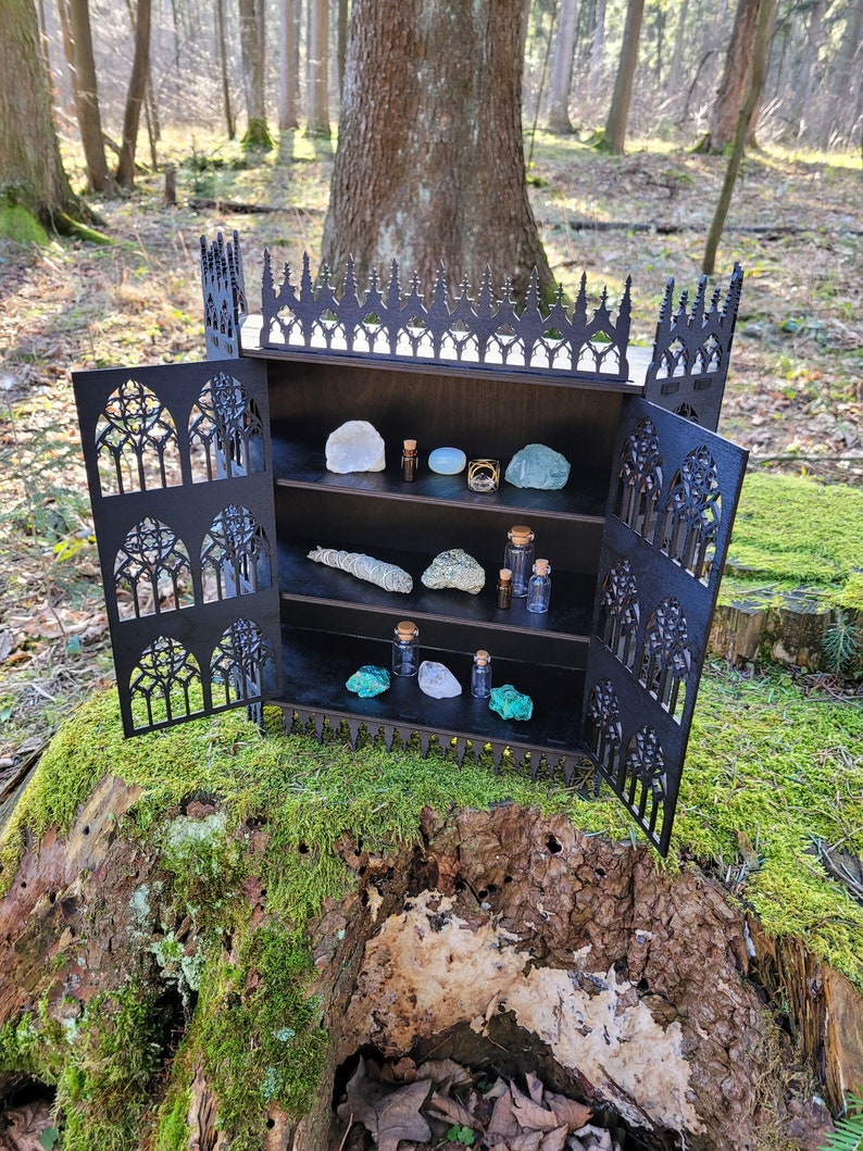 Puede incluir: Un gabinete de madera negro de estilo g&oacute;tico con puertas abiertas, que revela estantes llenos de cristales, hierbas y peque&ntilde;as botellas. El gabinete est&aacute; sentado sobre un toc&oacute;n de &aacute;rbol cubierto de musgo en un entorno boscoso.