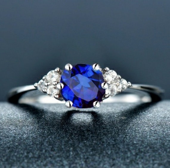 Engagement Ring Round Blue Sapphire CZ Simulated 925 Sterling 