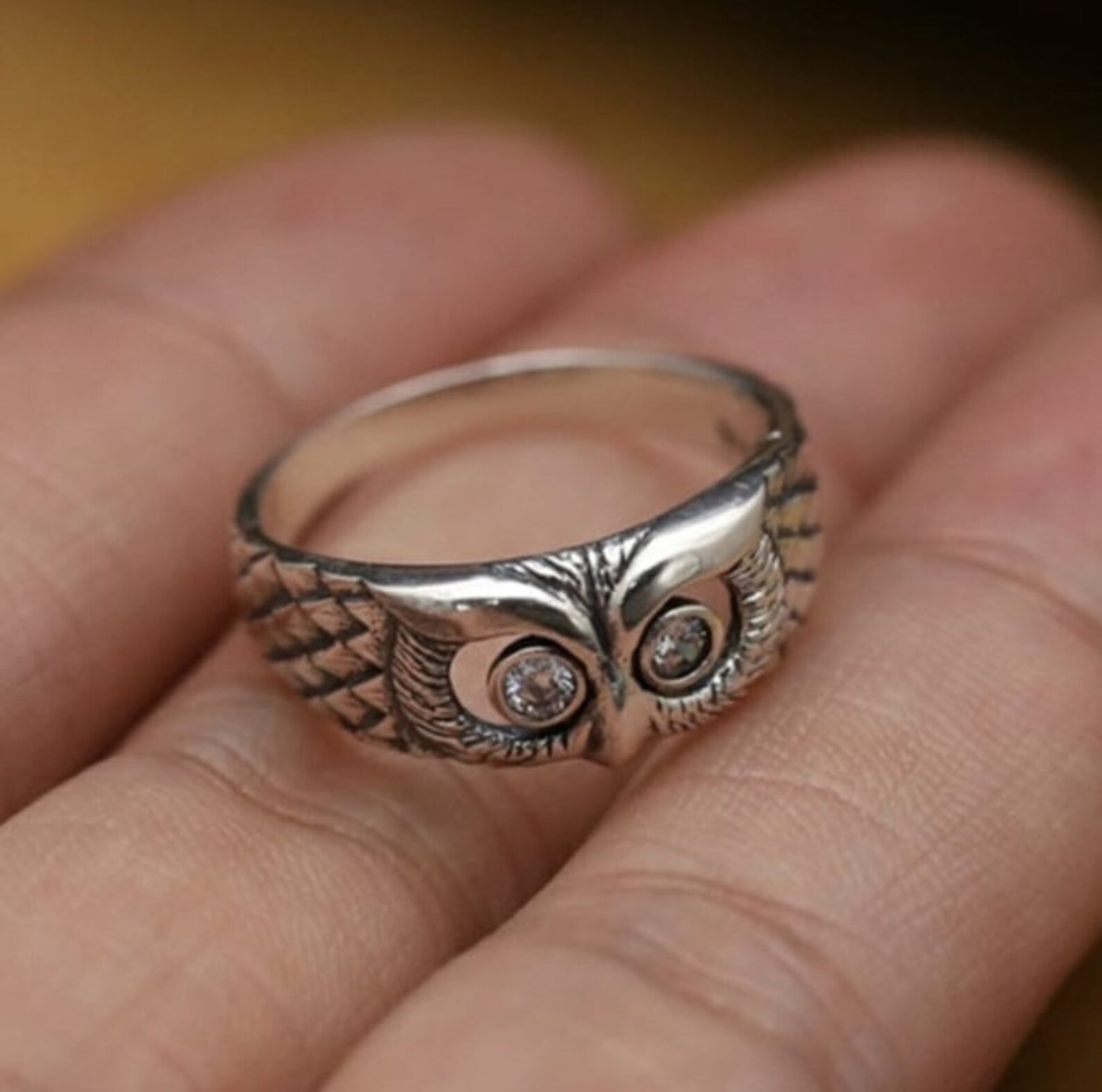 Sterling Silver Owl Ring Gemstone Eyes Bird Jewelry Etsy