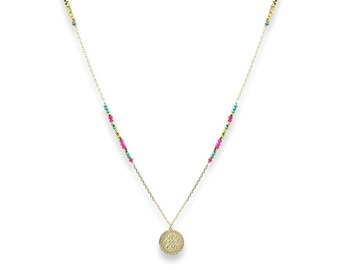 Nempty Turquoise and Hot Pink Gemstone Long Gold Pendant