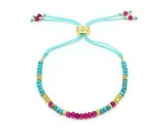 Spirea Gold, Turquoise and Hot Pink Gemstone Adjustable Friendship Bracelet