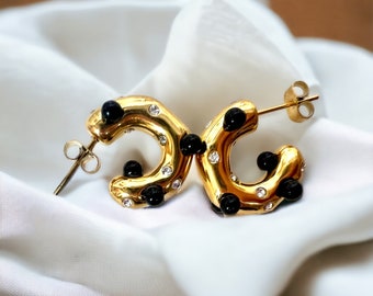 Organic Gold Hammered Shiny Black Onyx and CZ Hoop Earrings