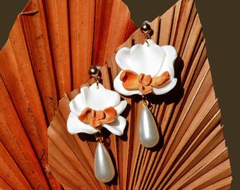 Handmade Orchid Earrings: Sculpted Clay, Pearl Dangle