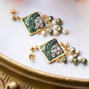 Claude Monet inspired earrings, Art inspired earrings, Baroque pearl earrings, Landscape clay earrings, Unique earrings for gift