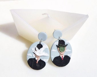 Magritte inspired painting earrings, Famous paintings earrings, Art wear jewelry