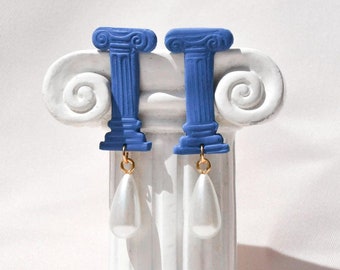 Greek column clay earrings, Ancient Greece earrings, Greek blue pearl earrings, Greek clay earrings, Roman clay earrings