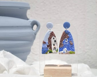 Amorgos earrings, Greek island earrings, Polymer clay earrings, Unique earrings, Travel jewelry, Greek earrings, Blue white earrings