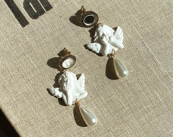Baroque Angel Earrings: Renaissance Pearl Polymer Clay Art